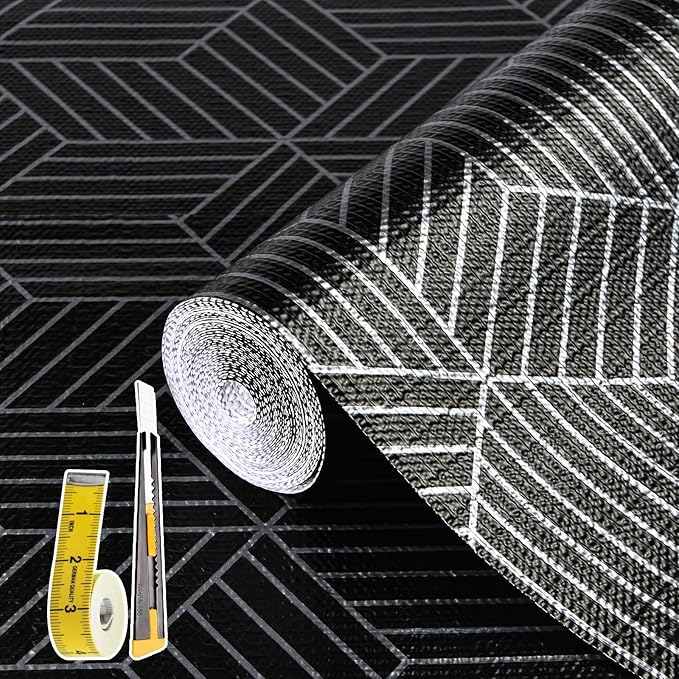 Shelf Liners for Kitchen Cabinets 17.3in x 20FT, Non Adhesive Cabinet Liner Strong Non-Slip Black and Silver Geometric Drawer Liner, Easy to Clean for Cabinet with Knife and Tape Measure