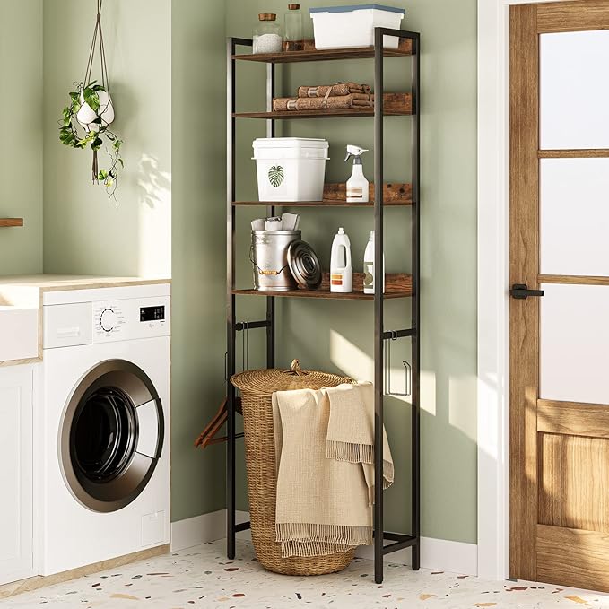 Over The Toilet Storage Rack, 4 Tier Bathroom Organizer Over Toilet, Freestanding Space Saver Toilet Stand with 2 Hooks, Bathroom Storage Shelf, Easy to Assemble, Rustic Brown TSHR0401Z