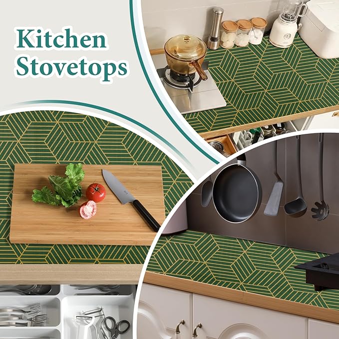 Shelf Liners for Kitchen Cabinets 23.6in x 20FT, Non Adhesive Cabinet Liner Strong Non-Slip Thickened Gold Green Geometric Drawer Liner, Easy to Clean for Shelf, Cabinet with Knife and Tape Measure