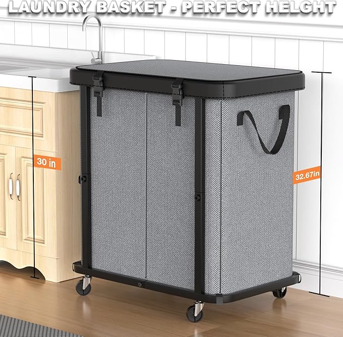 190L (50 Gal) Large Fashion Laundry Basket with Wheels, Leather Patchwork Rolling Hamper Carts, Sturdy Metal Frame, Removable Washable Bag, Tall Clothes Sorter for Bedroom - 2 Setion Gray