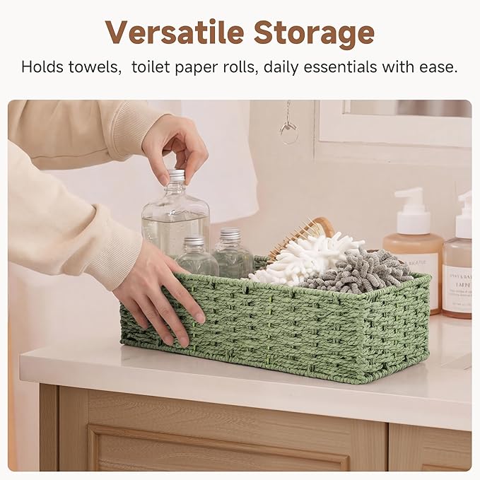 StorageWorks Sage Green Paper Rope Bathroom Basket Organizer and Storage for Tank Topper, Wicker Toilet Paper Basket for Back of Toilet Baskets, Small Narrow Tank Trays for Bathroom Decor, 2 Pack