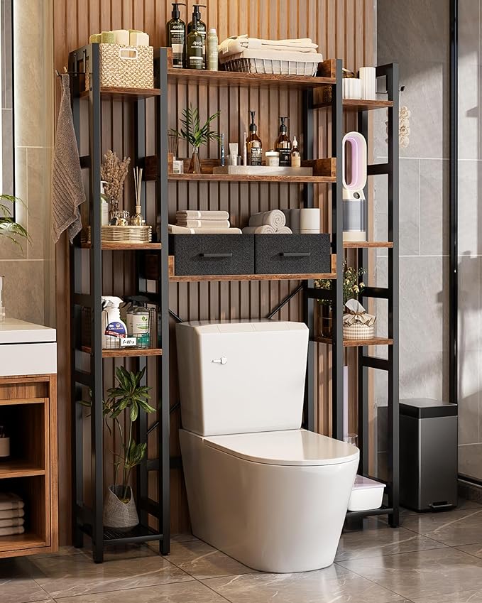 Over The Toilet Storage with 2 Drawers - 11 Tier Bathroom Organizer Freestanding Space Saver Storage Rack with Adjustable Shelf Above Toilet Stand with 4 Hooks for Restroom, Laundry, Rustic Brown