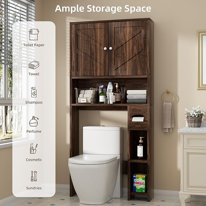 Shintenchi Over The Toilet Storage Cabinet, Bathroom Storage Cabient with Barn Doors, Bathroom Storage Shelf Organizer with Toilet Paper Holder, Adjustable Shelf and Anti-Tip Device, Walnut