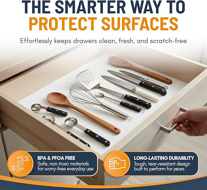 Shelf Liner Cabinet Liner for Shelves Non-Adhesive Kitchen Drawer Liner by Linda’s Essentials (12 x 120 Inches) - Non-Slip Easy Clean Shelf Liners for Cabinets and Cupboard Protector, Waterproof Mat
