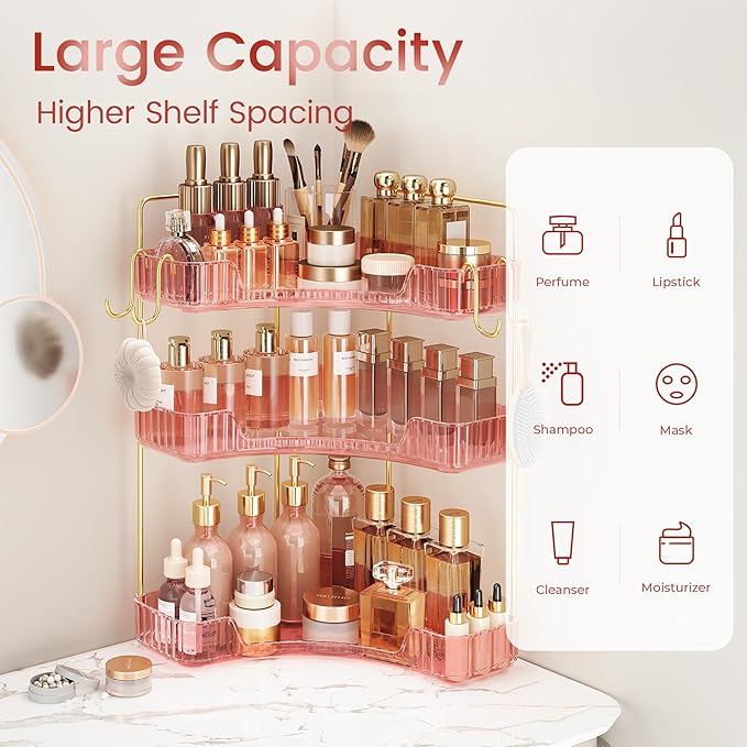 Corner Bathroom Counter Organizer 3-Tier Bathroom Organizer Countertop with Hooks Perfume Organizers Storage Shelf for Makeup & Skincare Dresser-Pink