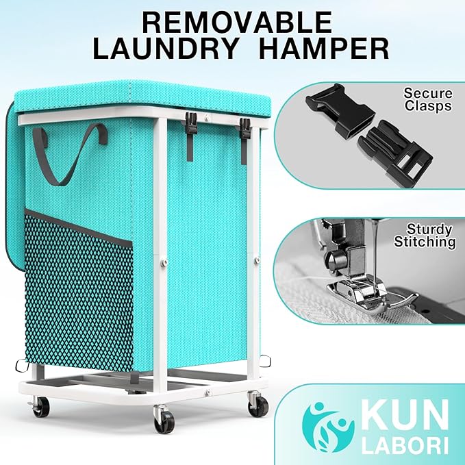40 Gal(150L) High Grade Large Laundry Basket with Wheels, Rolling Laundry Hamper, Laundry Cart with Metal Frame and Removable Bag Design, Suitable for Laundry Room, Bedroom (Blue, 150L)