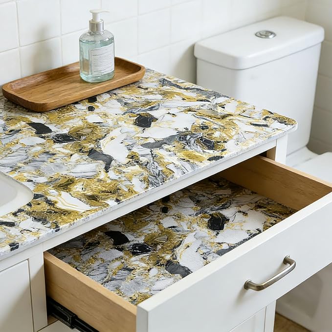 Drawer and Shelf Liner - Yellow Black Marble Pattern,Non Adhesive Non Slip Waterproof Easy-Clean Liner for Kitchen Cabinet, Refrigerator, Bathroom, Pantry Storage Drawers, 17 in x 20 Ft