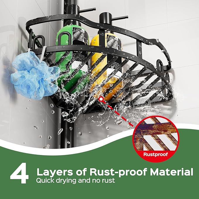 HAMITOR Shower Caddy Tension Pole: Rustproof Quick Install Corner Bathroom Organizer Shelf on Floor for Renters - 4-Tier Large Capacity Storage Rack with Soap Holder for Apartment -47-121 Inch/Black
