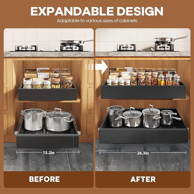 2 Pack Expandable Pull Out Cabinet Organizer 21"Deep With Raising Pad for Framed Cabinets,Upgrade 3 Slide Rails Slide Out Drawers,Roll Out Shelves Adhesive,Adjustable Width 15.15"-26.3" Black