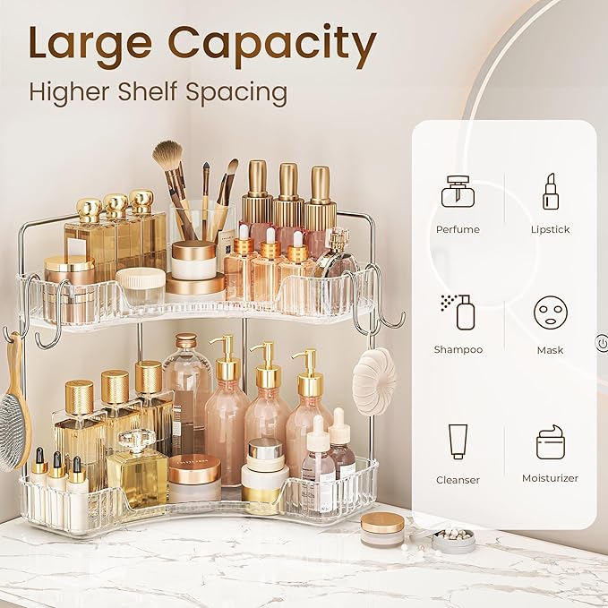 Corner Bathroom Counter Organizer 2 Tier Bathroom Organizers and Storage Countertop with Hooks Skin Care Exquisite Vanity Organizer Countertop Bathroom Storage Dresser, Kitchen-Clear