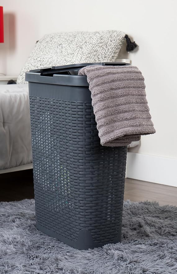 Mind Reader Slim Laundry Hamper with Lid, 40L Clothes Basket, Premium Wicker Design, Plastic, Gray