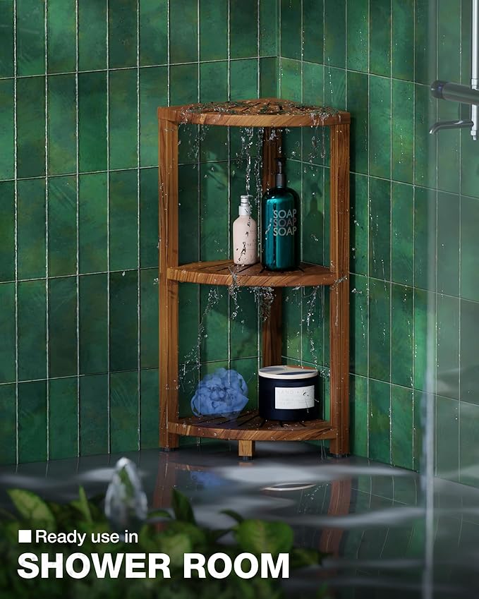 BLUEWEST 3-Tier Corner Shower Caddy Stand, Wood Shower Organizer Standing with Anti-Slip Feet, Waterproof & Durable Bathroom Corner Shelf, Space-Saving Design Storage for Kitchen or Living Room