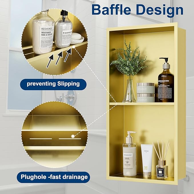 Neodrain Shower Niche Double Shelf Stainless Steel No Tile Needed Bathroom Niches Recessed in Wall, 2-Tier Recessed Wall Niche Waterproof Cubby(12X24Inch Golden)