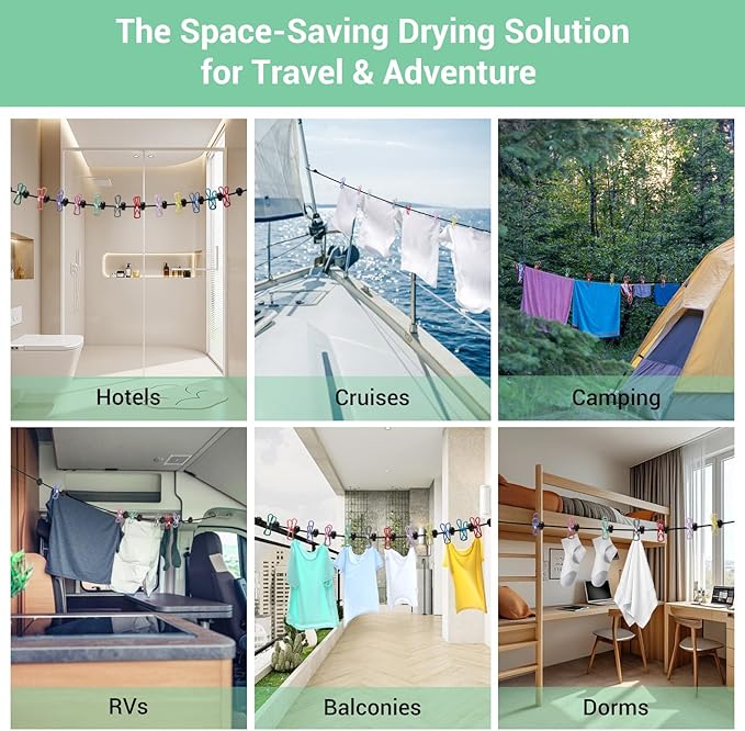 Retractable Portable Travel Clothesline with 12 Clips, Indoor Outdoor Clothes Drying Rack for Hotel, Cruise, Camping Accessories
