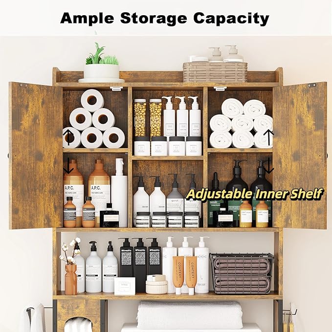 EasyCom Over The Toilet Storage Cabinet with Metal Frame and 7 Storage Shelves, Bathroom Organizer with Adjustable Shelves and Paper Holder, Farmhouse Storage Cabinet for Bathroom,Laundry,Rustic Brown