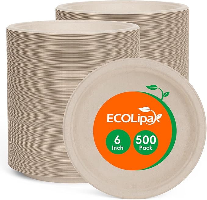 ECOLipak 150 Pack 10 inch Compostable Disposable Paper Plates for Party