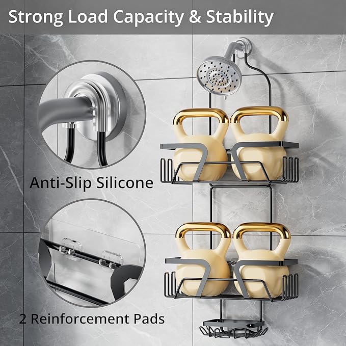 Shower Caddy Hanging with 3 Soap Holder - Over the Shower Head Caddy for Bathroom Organization(for Bathroom Organization, 24 Side Hooks, 3 Razor Holder