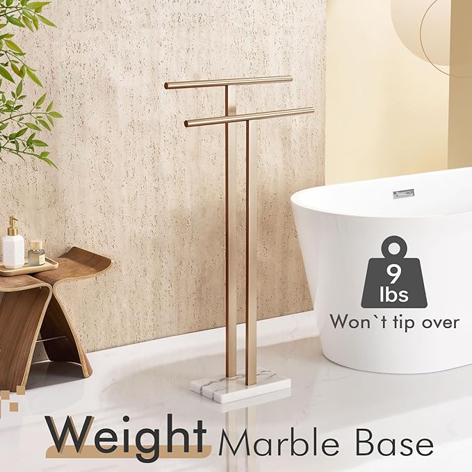 KOKOSIRI Standing Towel Rack for Bathroom Floor 2-Tier Towel Holder Free Stand with Heavy Marble Base Thicken Steady Champagne Bronze Stainless Steel THS0005-CPG