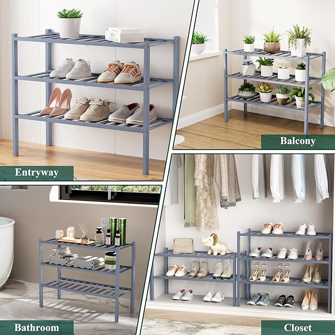 Smiry Shoe Rack, 6 Tier Small Bamboo Shoe Organizer, Stackable Free Standing Wooden Shoe Storage Shelf for Closet, Entryway, Front Door Entrance, Grey