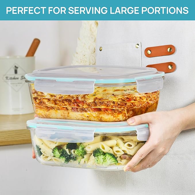 Vtopmart 2Pack 2260ml/ 76.4oz Large Glass Containers Food Storage with Lids, Meal Prep Food Container Set with Snap Airtight Lid for Baking, Microwave, Oven, Leak Proof, for Freezer, Dishwasher, Green