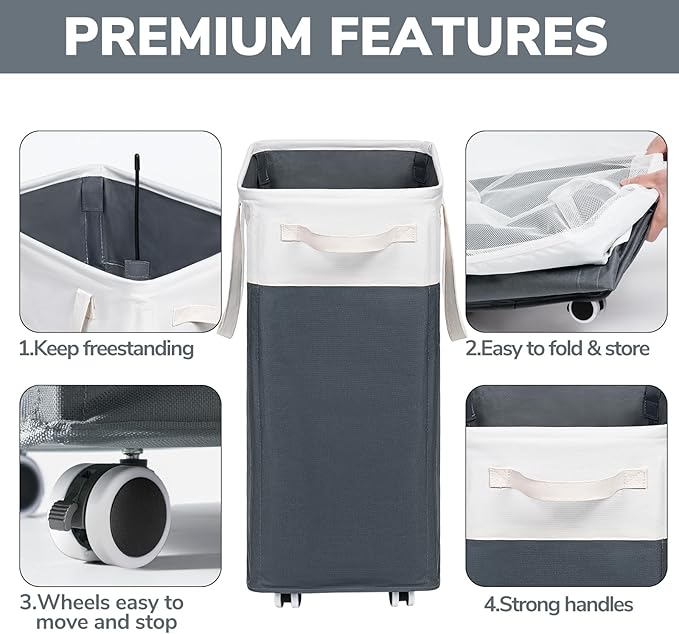 Goodpick Laundry Baskets 2-Pack, 75L Hamper with Wheels, Foldable Laundry Baskets with Removable Wash Bags, Rolling Laundry Hamper for Corner Dorm, Slim Laundry Basket, Grey&White