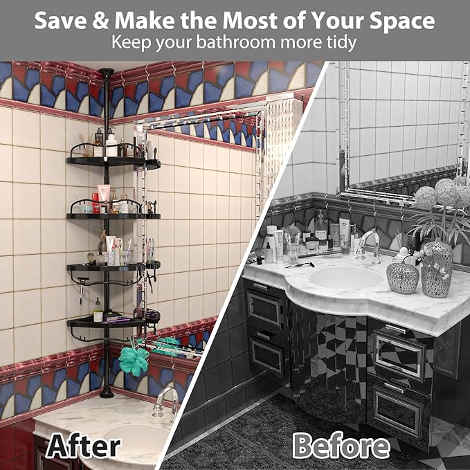 Shower Caddy,Shower Caddy Tension Pole with 4 ABS Baskets,Shower Storage Shelf with 56 to 125 Inch Adjustable Stainless Pole for Bathroom Black