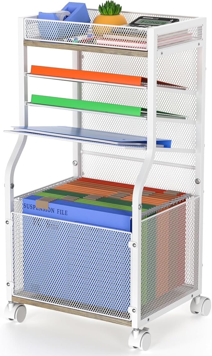 5-Tier Rolling File Cart with Hanging File Folders, Mobile Desk File Organizer on Lockable Wheels, Wood & Mesh Paper Letter Sliding Trays Organization for Office, Home, School, Patent
