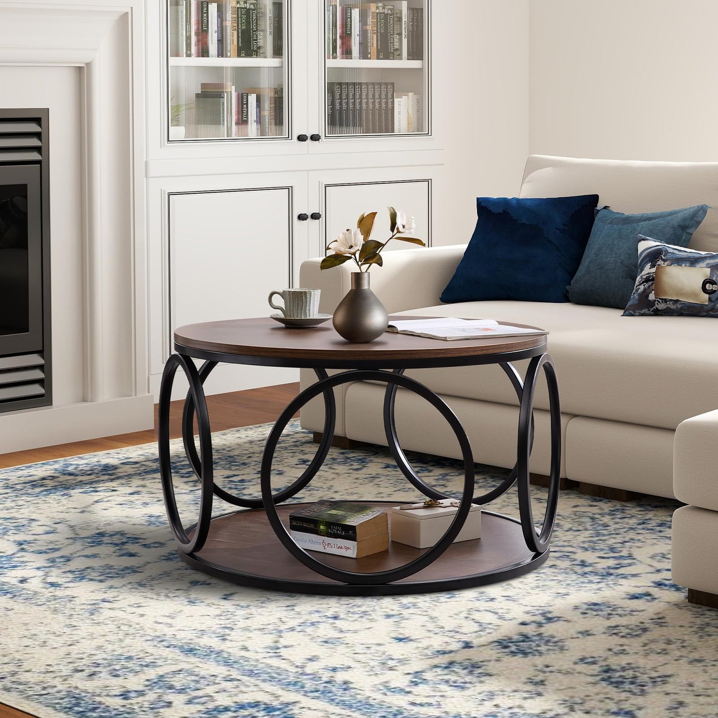 BECHAEO 31.5" 2 Tier Industrial Round Coffee Table, Modern Round Wood Coffee Table with Sturdy Circle Metal Frame for Living Room Home Furniture, Classic Walnut