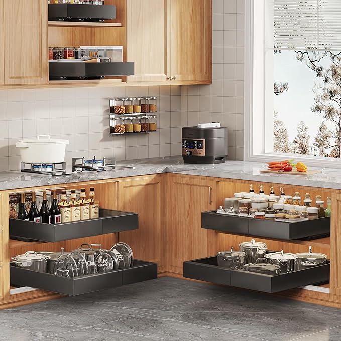 6Pack Expandable Pull Out Cabinet Organizer 21"Deep with Raising Pad for Framed Cabinets,Slide Out Drawers with 4pcs Divider Racks,Roll Out Shelves Adhesive,Adjustable Width 12.05"-20.4"Black