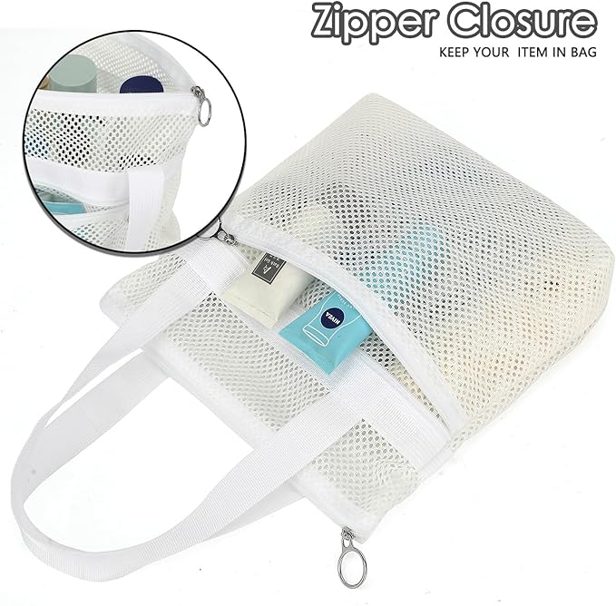 Mesh Shower Caddy Portable Shower Bag for Travel,Gym,Camping – Quick-Dry Hanging Toiletry Organizer with Zipper Pockets for Bathroom Essentials,White