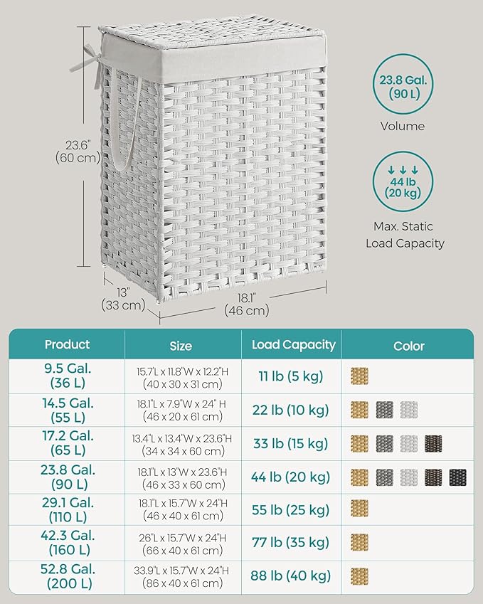 SONGMICS Laundry Hamper with Lid, 23.8 Gallon (90 L) Synthetic Rattan Clothes Laundry Basket with Lid and Handles, Foldable, Removable Liner, Cloud White ULCB51WT