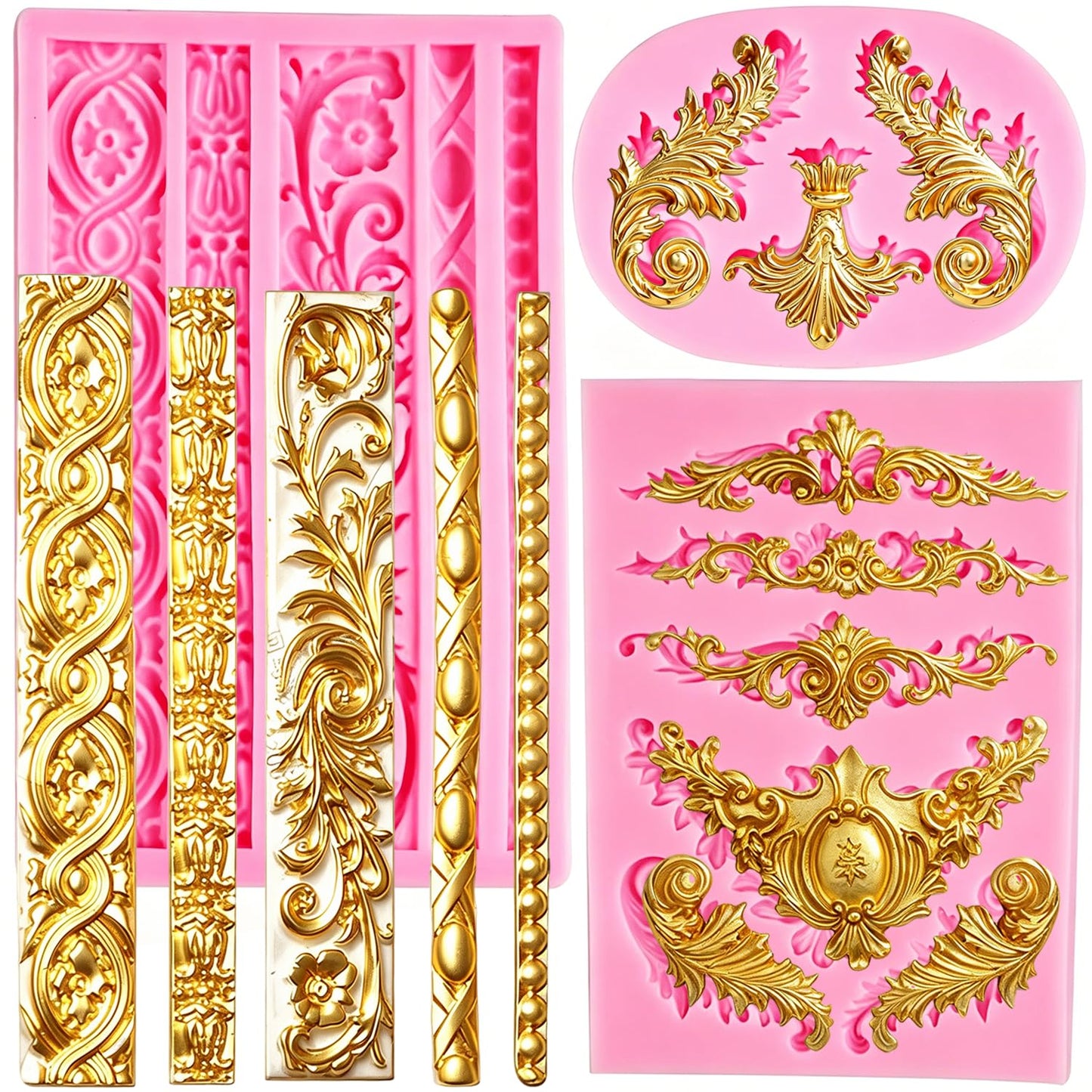 Baroque Silicone Molds, AIMEIKI 3 Pack Baroque Border Fondant Molds Scroll Lace Mold Vintage Curlicues Baking Molds for Cake Decorating, Chocolate, Cupcake Topper, Clay Crafts