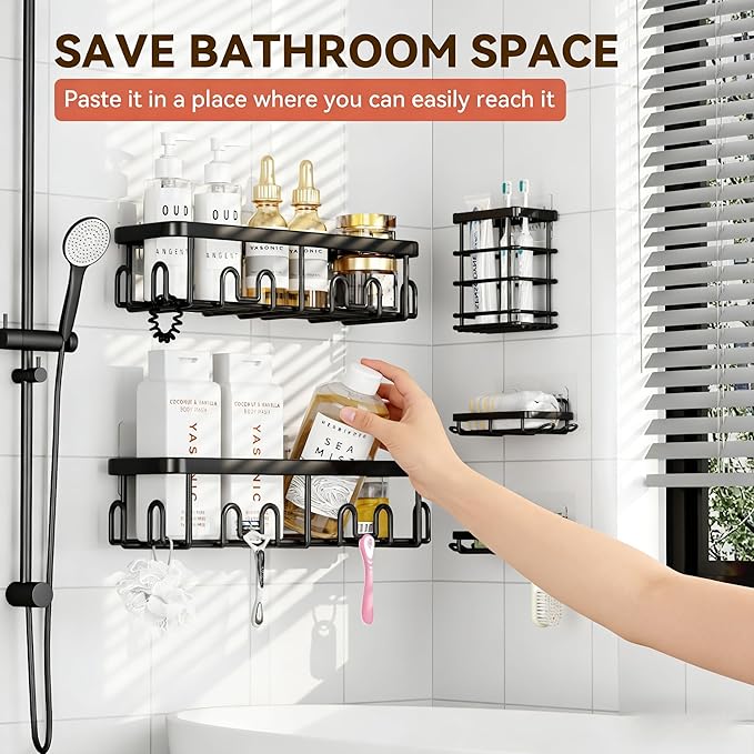 YASONIC Adhesive Shower Caddy, 5 Pack Black Shower Shelves for Inside Shower, Rustproof Shower Organizer with Soap and Toothbrush Holder, No Drilling Shower Storage for Bathroom/Kitchen
