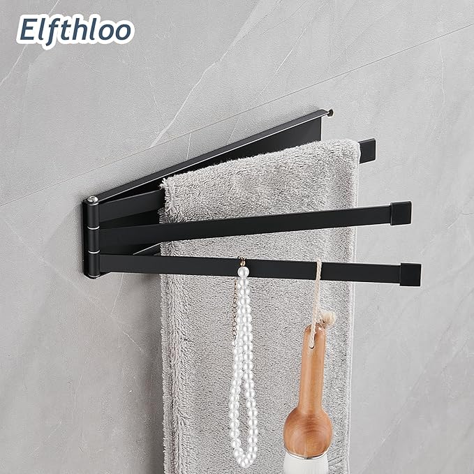 Small Swivel Foldable Towel Rack, Elfthloo 24cm(9.45 in) Rotating 3-Arm Towel Bar Rod, Space Saving Wall Mounted Holder, Stainless Steel Swing Out Hanger for Bathroom, Kitchen (1 Pack, Matte Black)