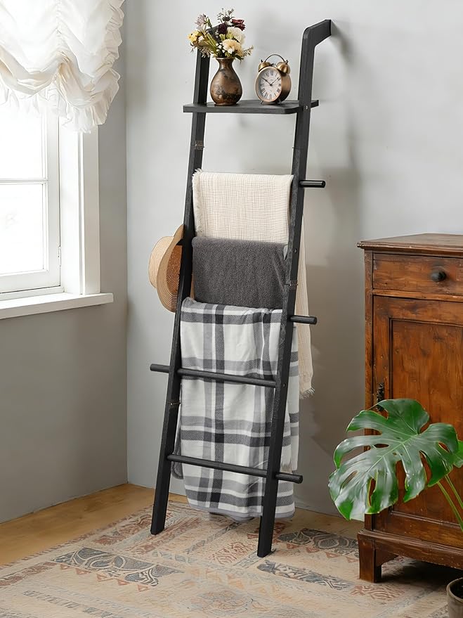 Taozun Black Blanket Ladder with Shelf for Living Room, 67-Inch Wooden 5-Tier Farmhouse Towels and Quilt Rack Decor - Wall Leaning Display Holder for Blankets and Throws
