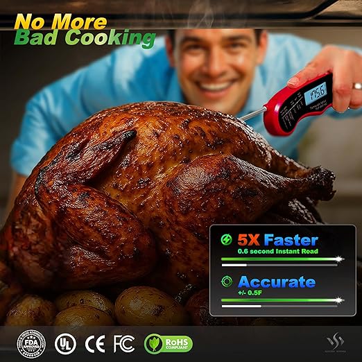 0.6S Instant Read Digital Meat Thermometer Pen for Outdoor BBQ, Grilling, Smoking, Oven Baking, Oil, Candy with Factory-Calibrated Waterproof Magnetic Backlit Flip Display, Motion Sensor.