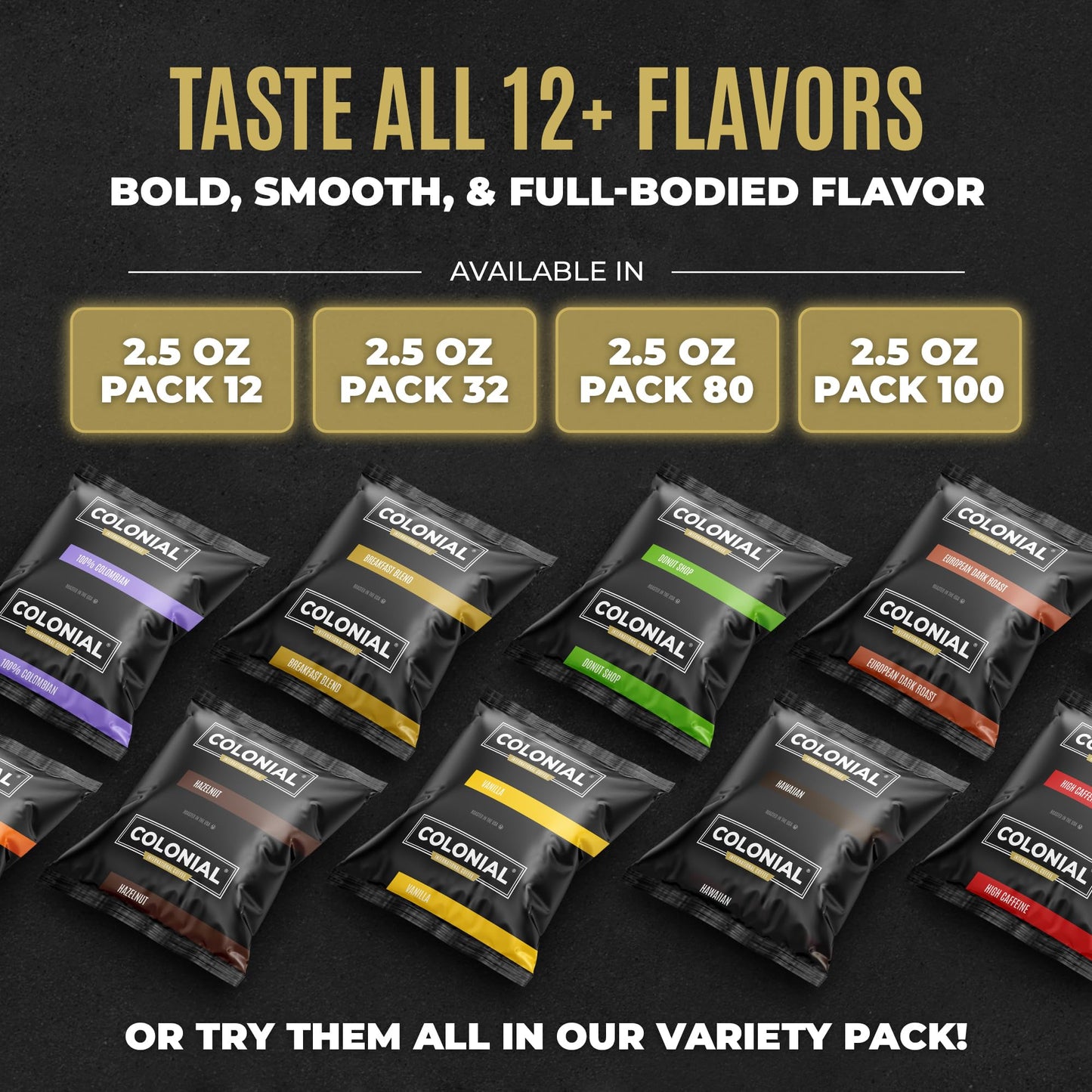 Colonial Coffee Ground Frac Packs, Variety Pack, Med/Dark/Decaf, 32-Ct