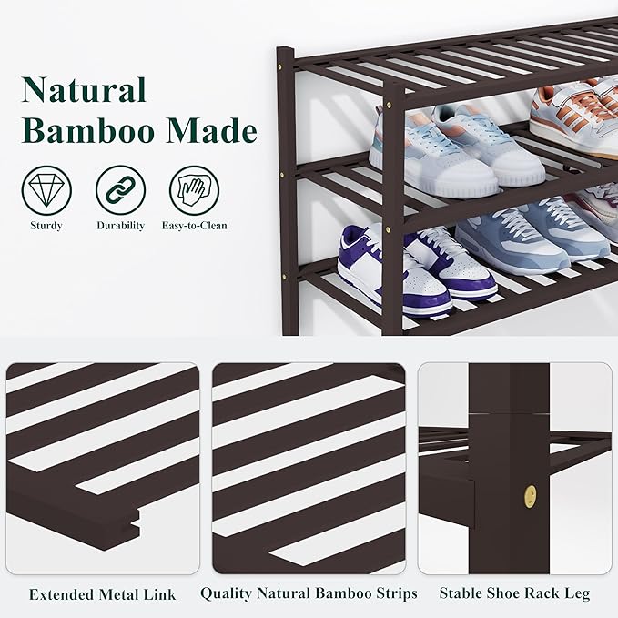 Smiry Shoe Rack, 4 Tier Thick Bamboo Shoe Organizer, Stackable Free Standing Wooden Shoe Storage Shelf for Closet, Entryway, Front Door Entrance, Brown