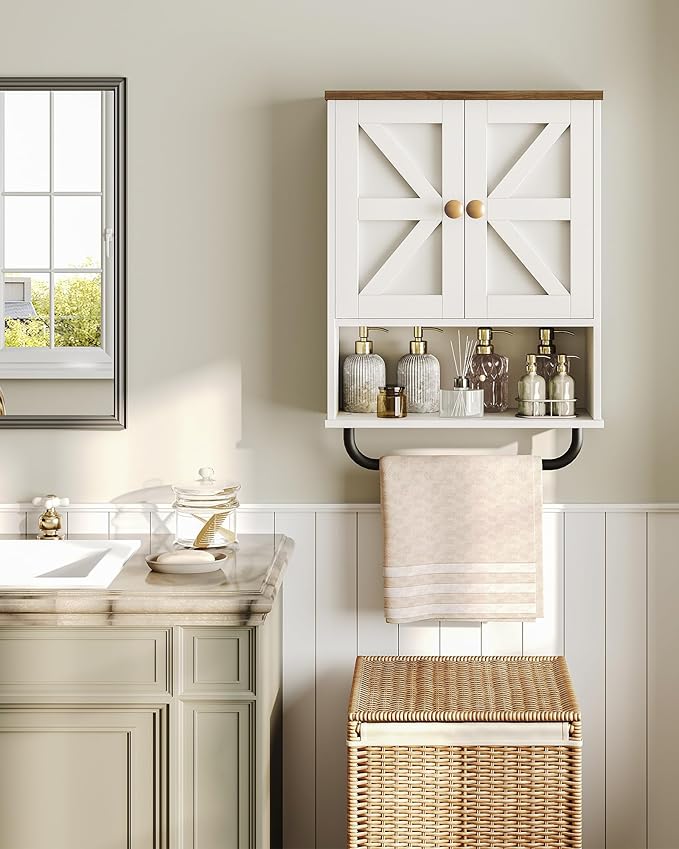 Bathroom Wall Cabinet, Medicine Cabinet with Open Partition and Towel Bar, Rustic Storage Cabinet with Open and Hidden Storage Space, for Bathroom, Living Room, Kitchen, White and Walnut
