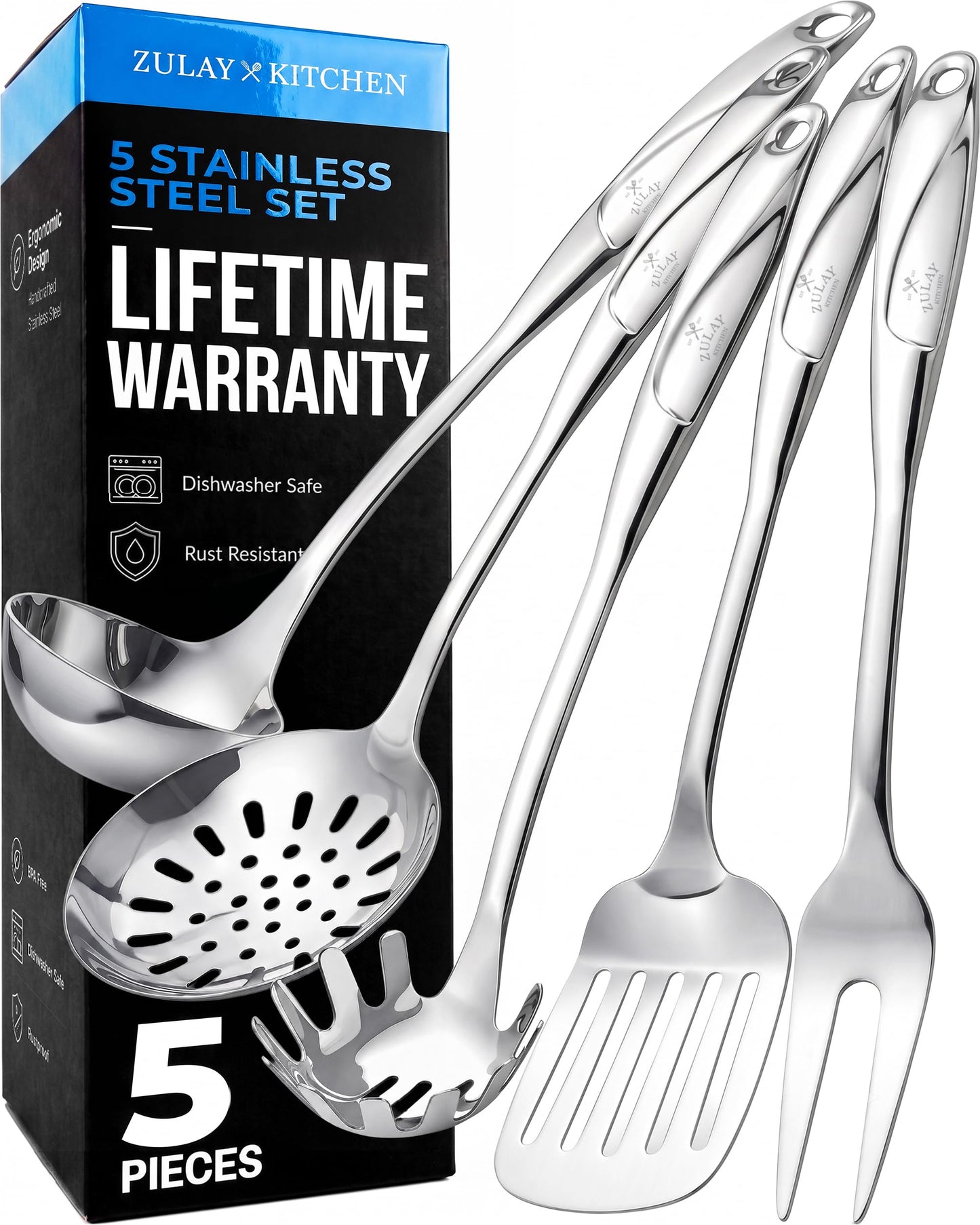 Zulay Kitchen Stainless Steel 5 Piece Cooking Utensil Set