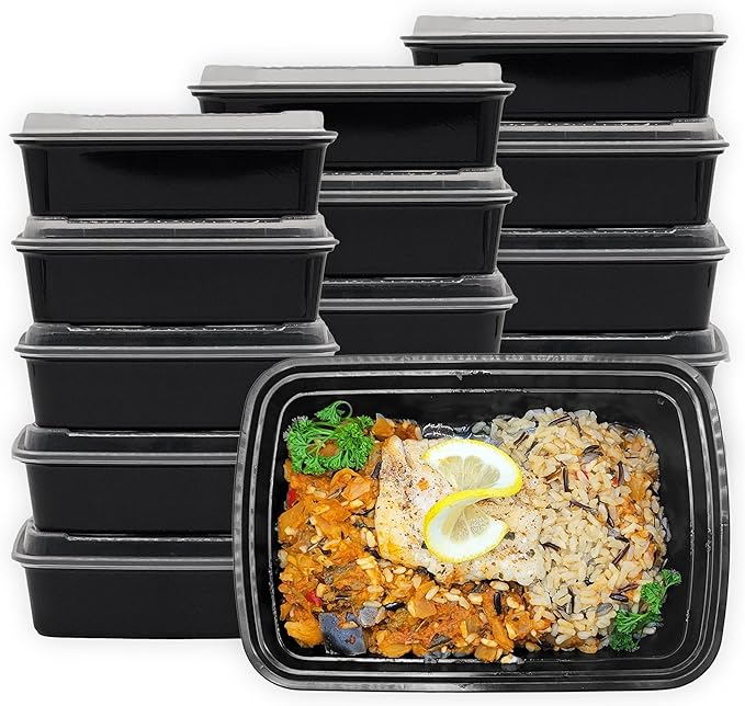 MULMEHË Plastic Food Storage Take-Out Container and Lid Combo, 38 oz, Microwaveable, Rectangular, Black, 8.5x6x2, Set of 150