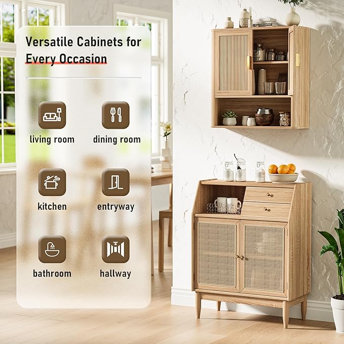 Bathroom Wall Storage Cabinet, Medicine Cabinet with Adjustable Wood Shelf & Doors, Over The Toilet Storage Cabinet for Laundry Room & Kitchen & Living Room (Natural Oak)