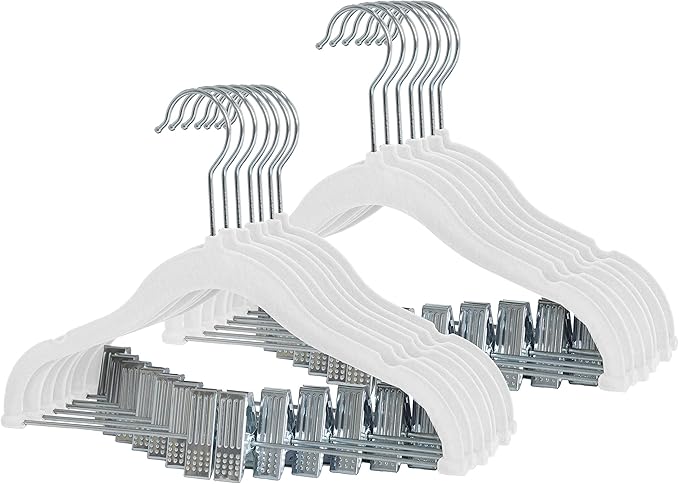 Finnhomy Non-Slip Clothes Hangers for Baby and Kids 20-Pack Velvet Hangers with Movable Clips, Heavy-Duty and Space-Saving for Pants,Skirts, Coat, White