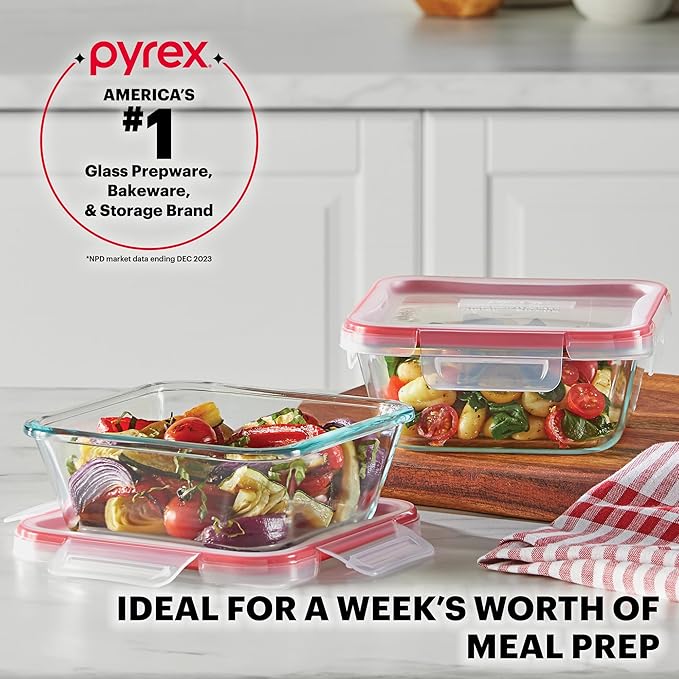 Pyrex Freshlock (5-Pack, 4 Cup) Glass Food Storage Containers Set, Airtight & Leakproof Plastic Locking Lids BPA-Free, Meal Prep Containers Set, Freezer Dishwasher Microwave Safe