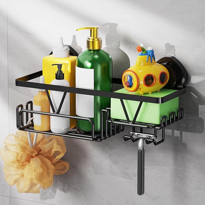 ZUNTO Suction Cup Shower Caddy for Bathroom - No Drill Wall Mount Shower Organizer - Rustproof Heavy Duty Storage Rack with Soap Holder and Hooks, Reusable and Removable