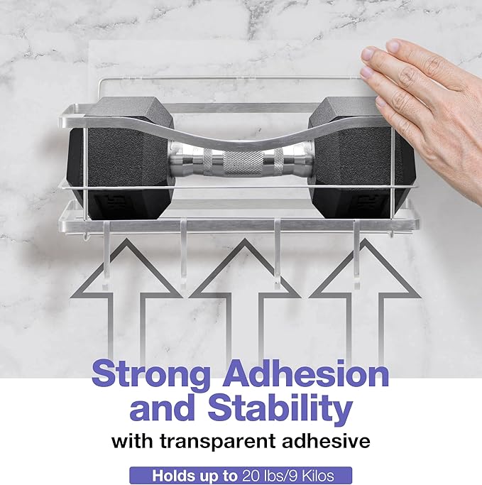 KINCMAX Shower Caddy and Soap Holder, Rustproof SUS304 Stainless Steel, Adhesive Wall Mount Double Baskets 3-pack with Hooks (Polished Silver)