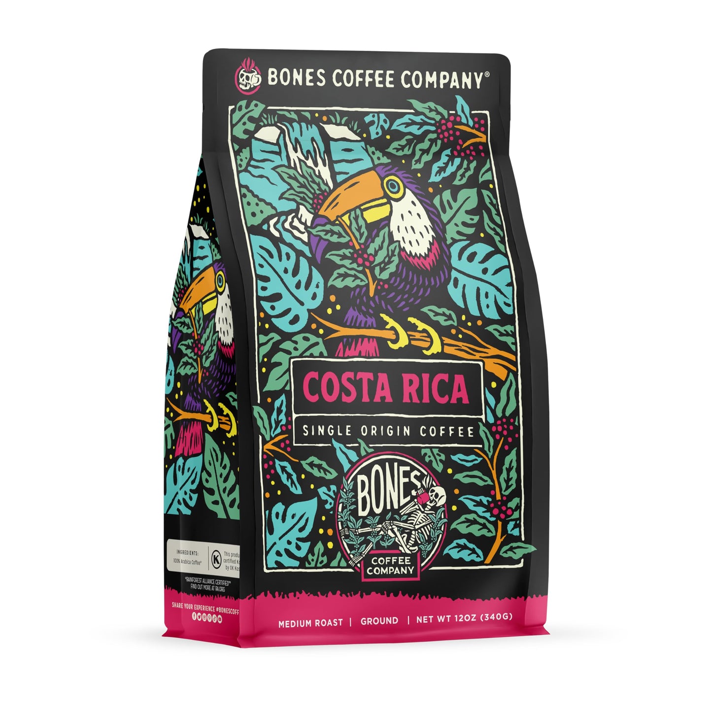 Bones Coffee Company Ethiopia Single-Origin, Citrus, Floral and Berries Notes, Whole Coffee Beans, Low Acid Medium Roast Arabica Beans Flavored Coffee, 12 oz Whole Bean