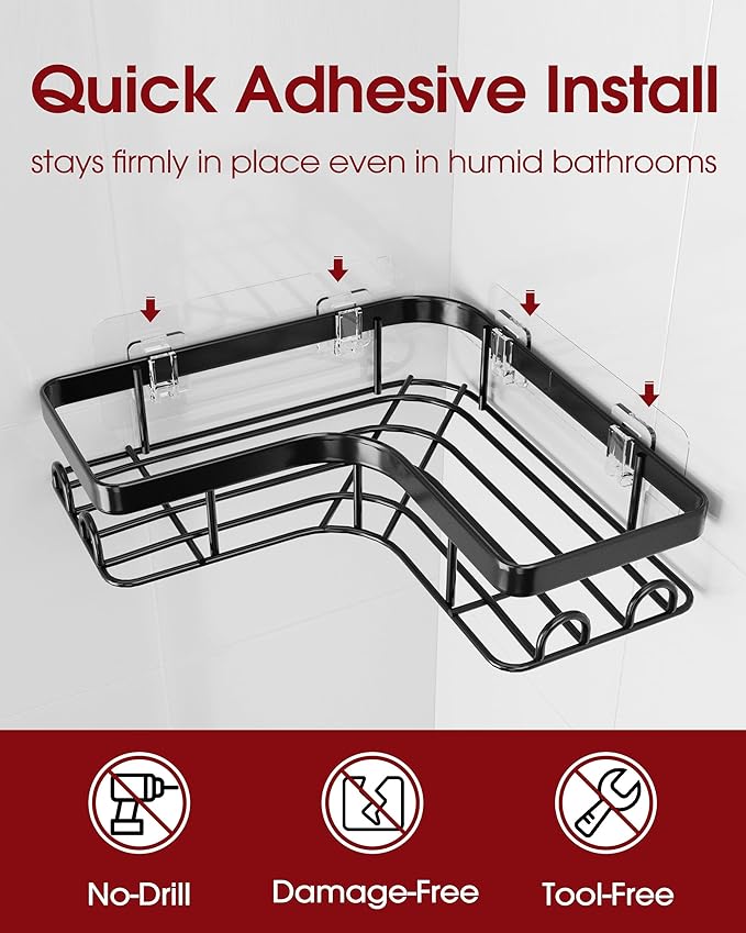 Corner Shower Caddy - 3-Pack Shower Organizer with Soap Holder & Built-In Hooks, Rustproof Metal Shower Shelves, Laundry, Kitchen, Bathroom Organizers and Storage Solution, Large, Black