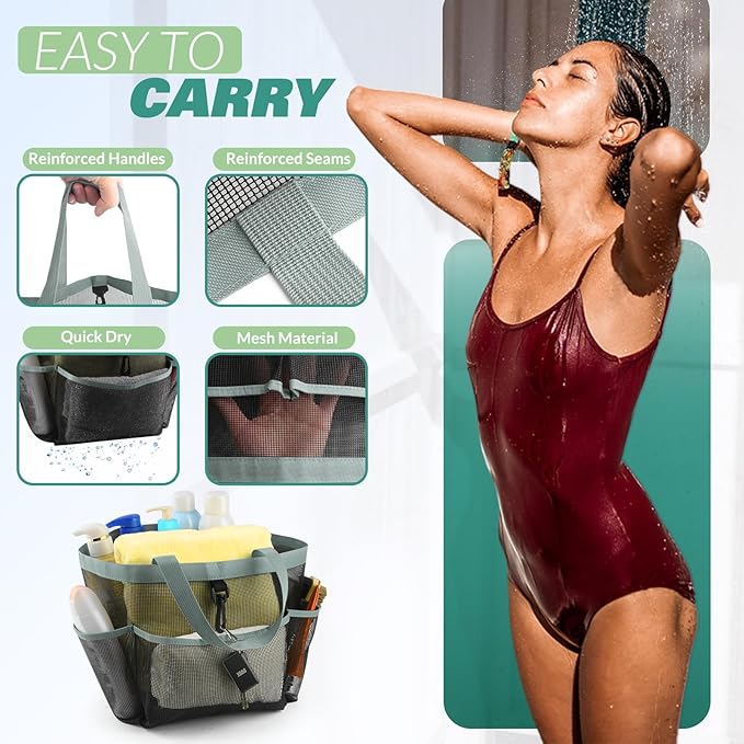 Mesh Shower Caddy Portable for College Dorm Room Essentials with 8 Pockets,Shower Bag for Beach,Swimming,Gym,Travel,Bathroom(Grey)