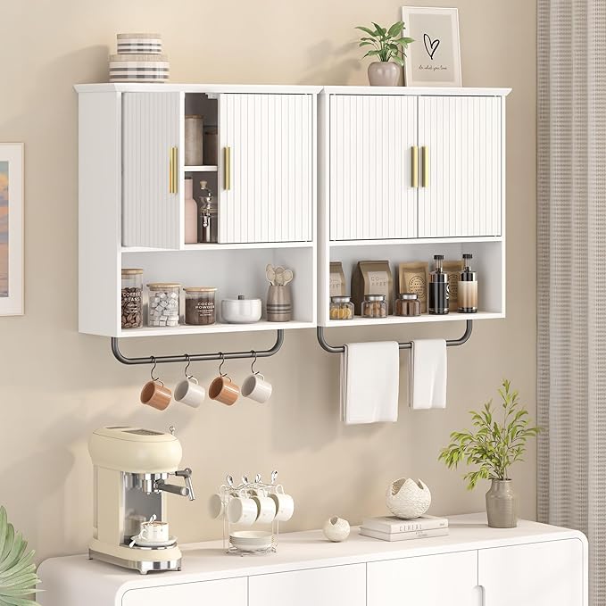 Bathroom Wall Cabinet with Towel Bar, 2 Doors & Adjustable Shelves - Space Saving Wood Wall Mounted Medicine Cabinet Storage Organizer for Bathroom, Laundry, Kitchen, Living Room (White)